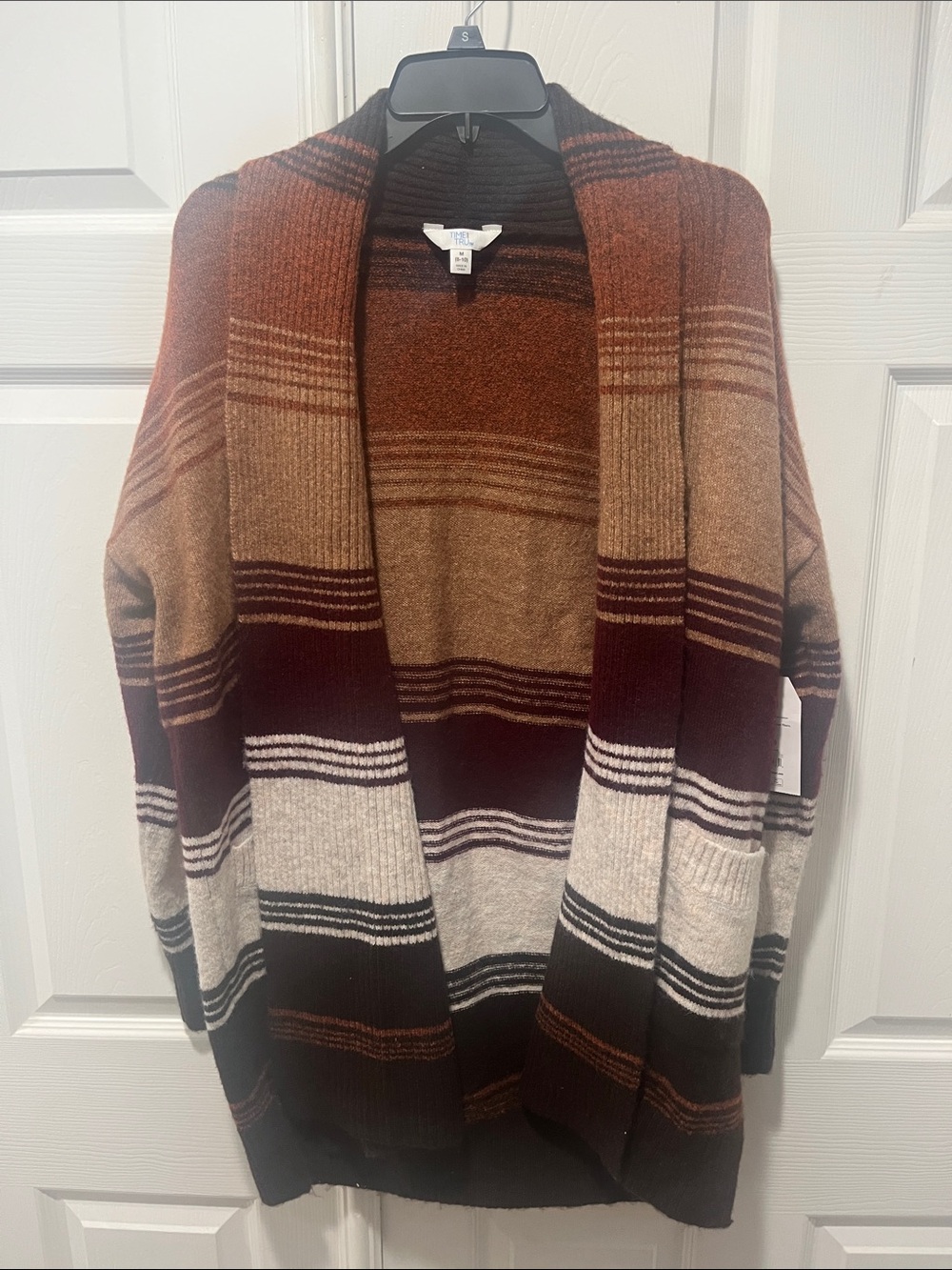 Time and Tru Open-Front Striped Cardigan – Brown, Cream, Black